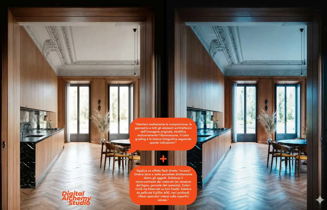 Architectural Prompting: post-production and coherence, how not to lose control in Nano Banana 02 DigitalAlchemyStudio LightingInterior