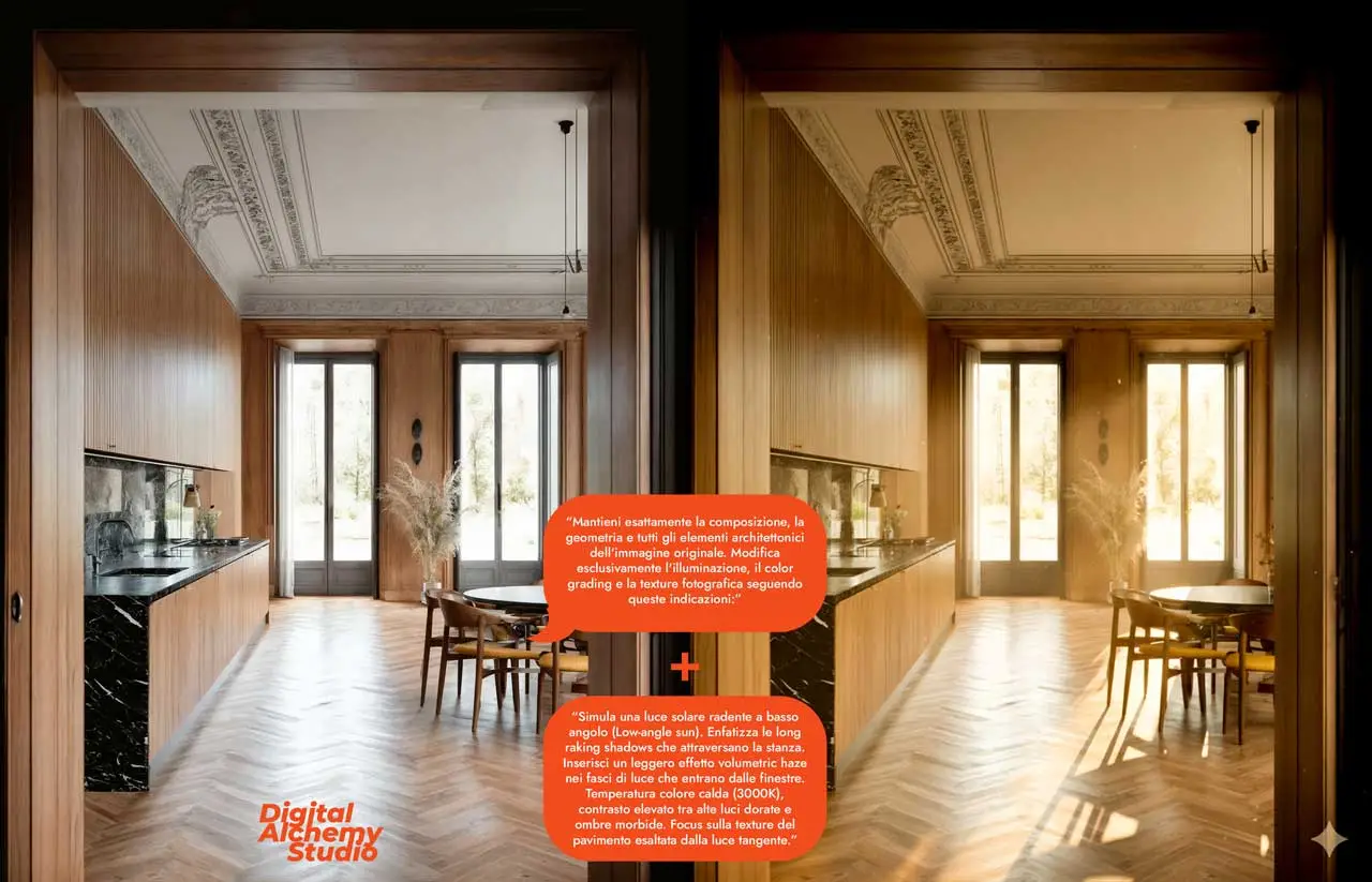 Architectural Prompting: post-production and coherence, how not to lose control in Nano Banana 03 DigitalAlchemyStudio LightingInterior