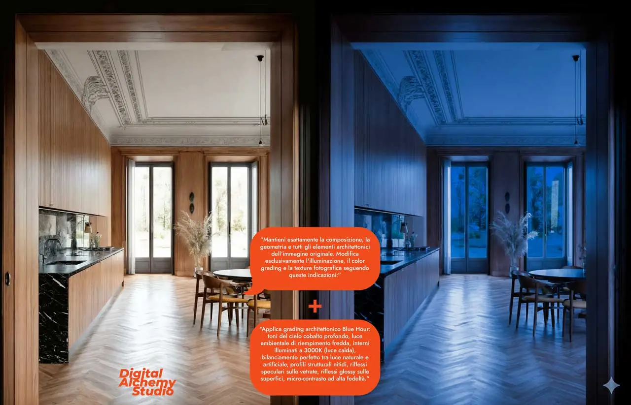 Architectural Prompting: post-production and coherence, how not to lose control in Nano Banana 04 DigitalAlchemyStudio LightingInterior