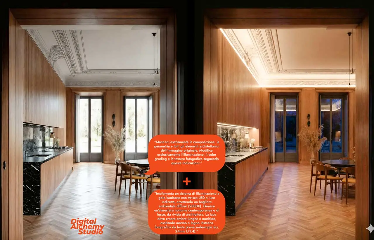 Architectural Prompting: post-production and coherence, how not to lose control in Nano Banana 05 DigitalAlchemyStudio LightingInterior